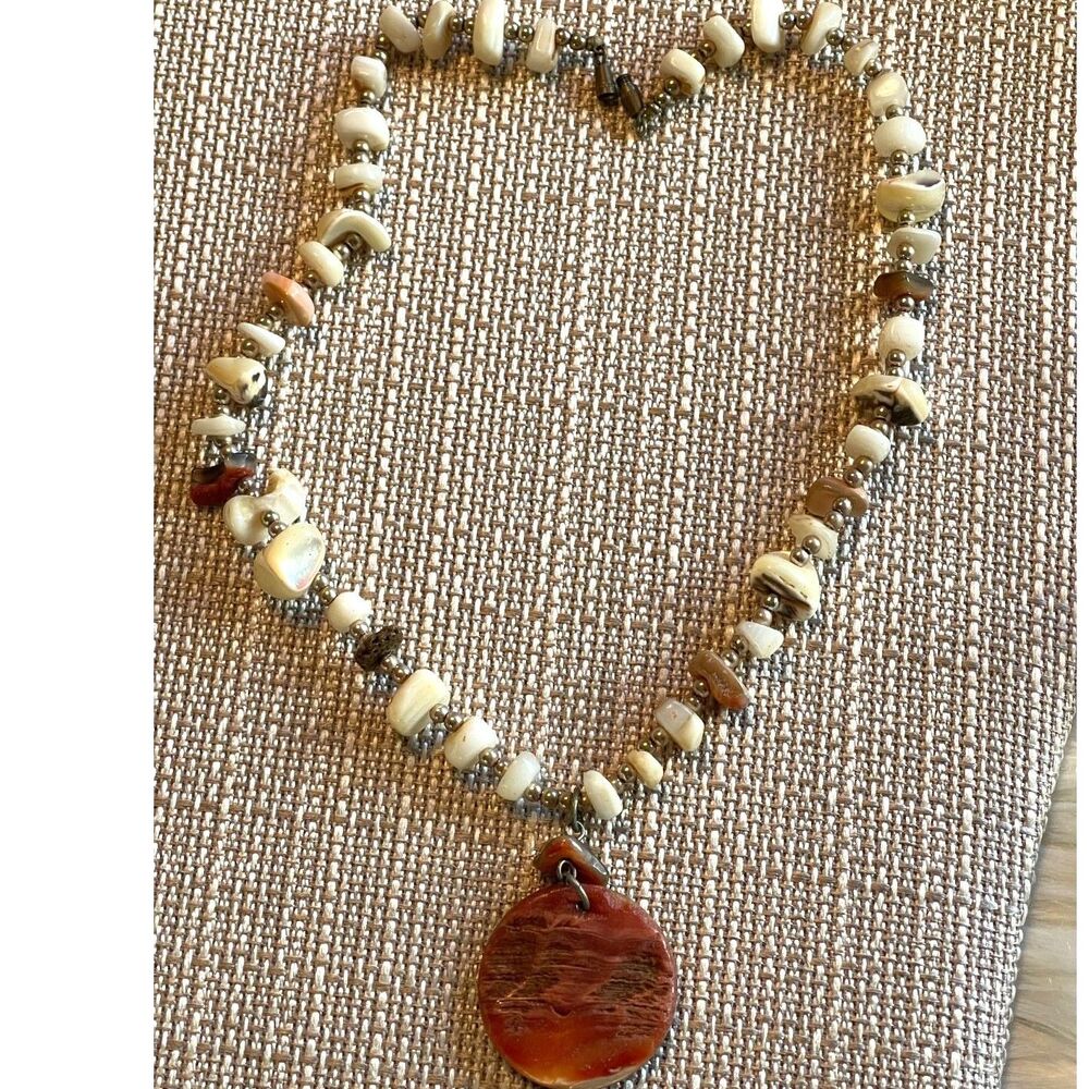 Vintage Shell & Abalone Surfer Beach Tropical Necklace Boho 1980s Pendant 16"